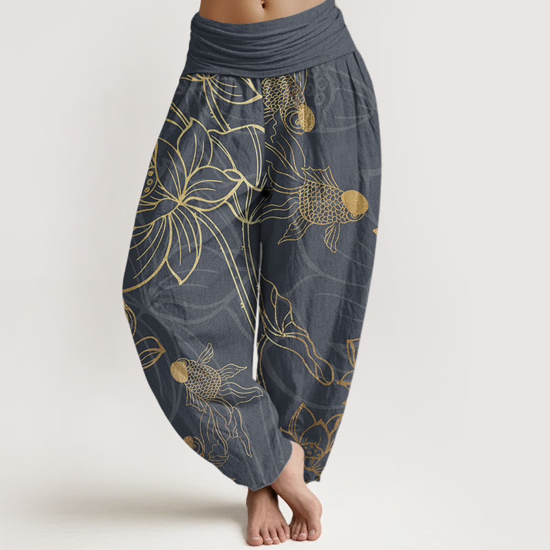 iAngelFace Pure Cotton Lotus Leaf Koi Fish Women's Elastic Waist Harem Pants - DimGray - US22，UK/AU26，EU54 (6XL) - image 5
