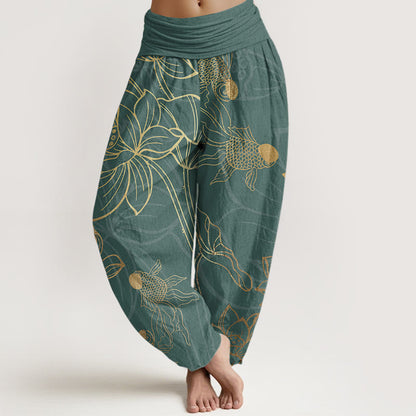 iAngelFace Pure Cotton Lotus Leaf Koi Fish Women's Elastic Waist Harem Pants - DarkCyan - US22，UK/AU26，EU54 (6XL) - image 0