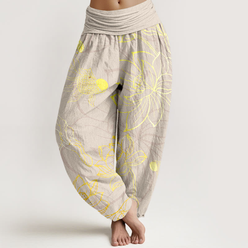 iAngelFace Pure Cotton Lotus Leaf Koi Fish Women's Elastic Waist Harem Pants - Beige - US22，UK/AU26，EU54 (6XL) - image 8