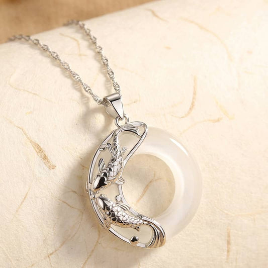 Natural White Jade Koi Lucky Necklace